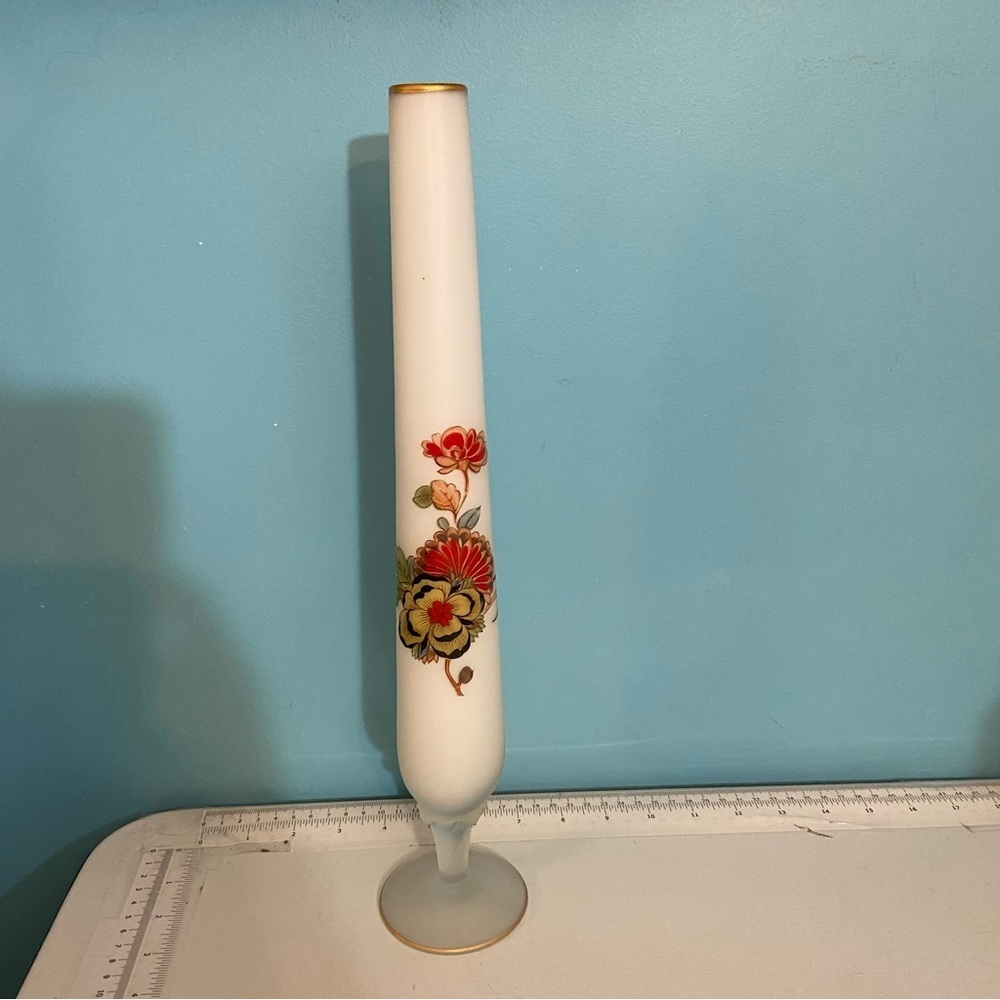 Vintage milk glass gold rim floral tall glass pedestal vase